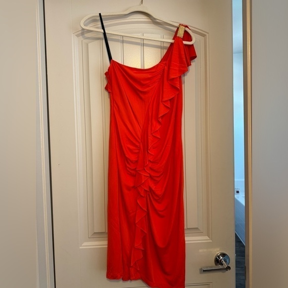 David Meister One Shoulder Buckle Ruffle Stretch Rayon Jersey Dress - Picture 4 of 8